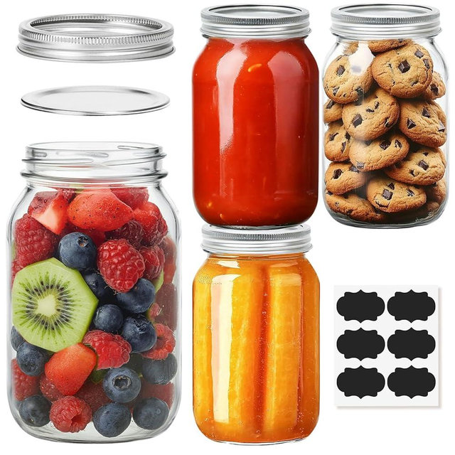 ComSaf Mason Jars 32 oz - 4 Pack, Wide Mouth Mason Jars with Lids, Prep Mear Glass Jars, Canning Jars for Pickling, Suntea, Salad, Honey, Desert, Shower Wedding Favors, DIY Candles Decor
