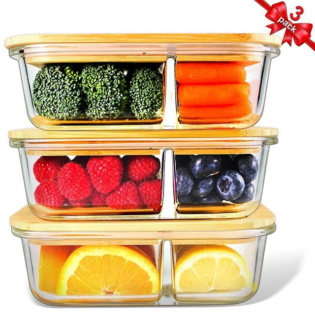 Glass Containers Bamboo Lids, Urban Green, Meal Prep Containers, Glass Food storage Containers, 2 Compartments, Pantry and Kitchen Organizer, Lunch Bento Box, Microwave-Freezer-Oven Safe, set of 3,