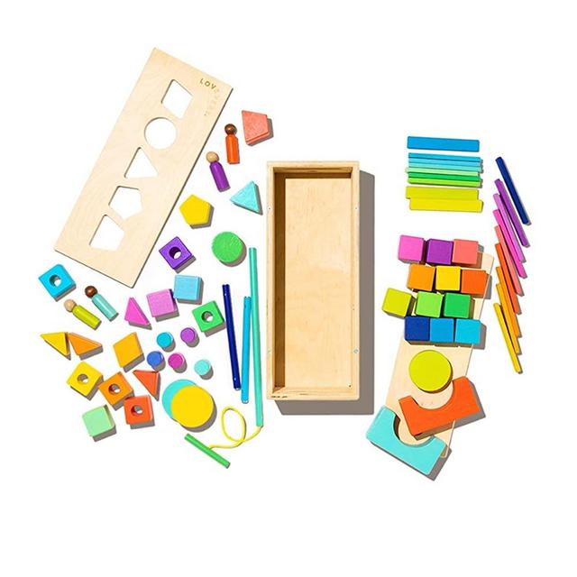 The Block Set by Lovevery – Solid Wood Building Blocks and Shapes + Wooden Storage Box, 70 Pieces, 18 Colors, 20+ Activities