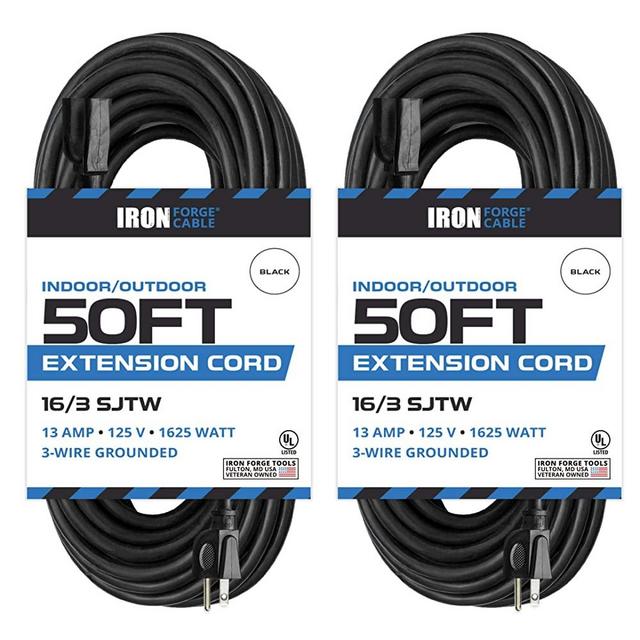 2 Pack of 50 Ft Black Extension Cord - 16/3 Durable Electrical Cable Pack