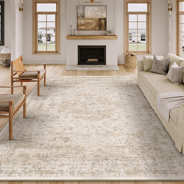 PureCozy 8x10 Washable Area Rug Beige Vintage Distressed Large Rug for Living Room Oriental Soft Thin Indoor Retro Carpet Non Slip Low Pile Floor Cover for Bedroom Dining Room Office Nursery