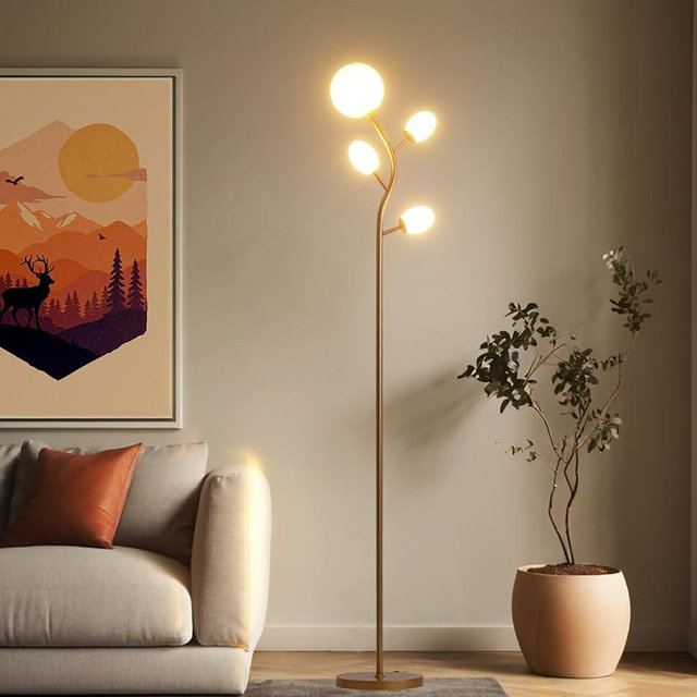 Fiqevs Modern Gold 4 Globe Floor Lamp for Living Room - Contemporary Tree Floor Lamp with White Frosted Glass Shade and LED Bulbs, Mid Century Modern Standing Lamp for Bedroom & Home Office