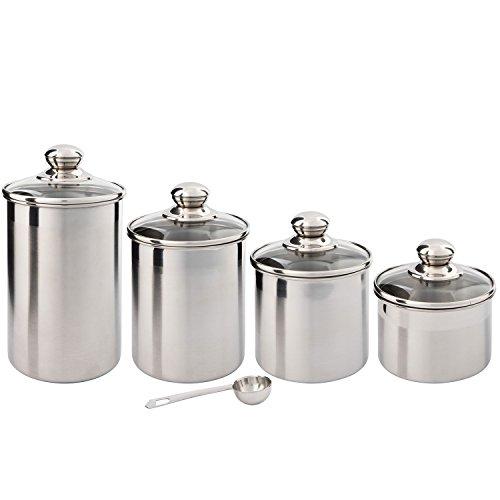 Beautiful Canisters Sets for the Kitchen Counter, Small Sized, 4-Piece Stainless Steel with Glass Lids and 20 ml Measuring Scoop - SilverOnyx Tea Coffee Sugar Canisters - 4pc Glass Lids