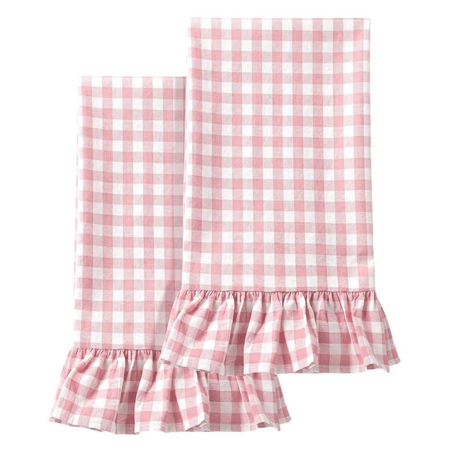 HunnmingRe Light Pink Kitchen Towels Set of 2, 100% Cotton Ruffled Gingham Dish Towels 18"x28" Absorbent Tea Cloths Classic Plaid Pattern for Farmhouse Charm, Drying Dishes, Entertaining Guests