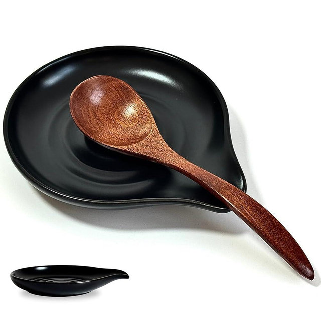 THRYVONA Spoon Rest for Stove Top, 6.2" Large Ceramic Spoon Holder for Kitchen Counter, Cooking Utensil Rest for Spatula, Spoon & Ladle, Kitchen Counter Decor for Mother's Day, Matte Black