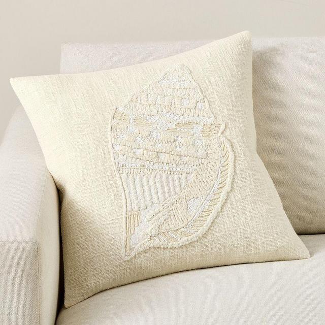 Conch Shell Embroidered Pillow, 20" x 20", Neutral