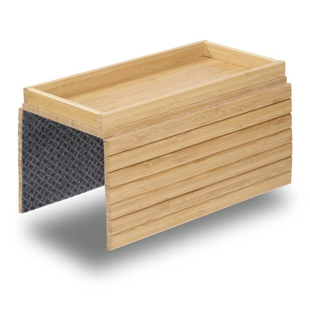 DETOR Couch Tray with Spacious 12.4" x 5.4" Storage Box, Natrual Bamboo Finish, Enhanced Non-Slip Felt Bottom, Sturdy Bamboo Slats, Fits Armrests 6" and Wider