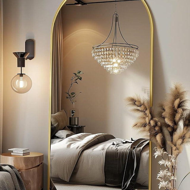 Suidia Full Length Mirror, 71"x28" Arched Floor Mirror Freestanding, Floor Standing Mirror Full Body Mirror with Stand for Bedroom, Hanging Mounted Mirror for Living Room Cloakroom, Gold