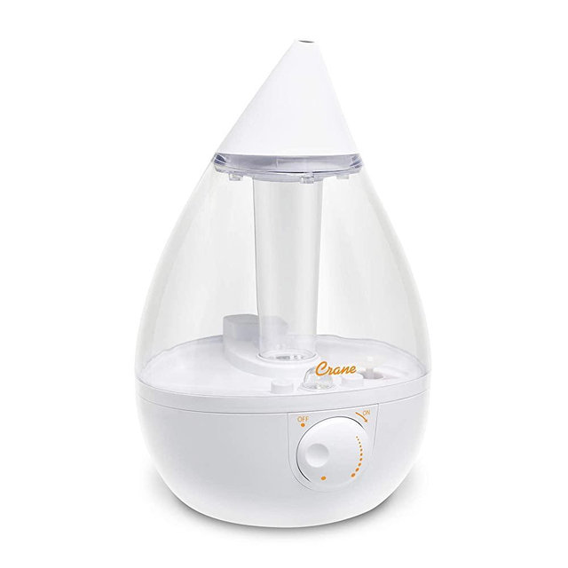 Crane Drop Ultrasonic Cool Mist Humidifier, Filter Free, 1 Gallon, 24 Hour Run Time, Whisper Quiet, for Home Bedroom Baby Nursery and Office, Clear and White