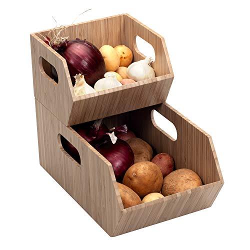 Bamboo Storage Bins for Pantry & Kitchen Cabinet Organizer Multi-Purpose 2 PC Stackable Set for Canned Goods, Vegetables, Pouches, Boxed Meals & more