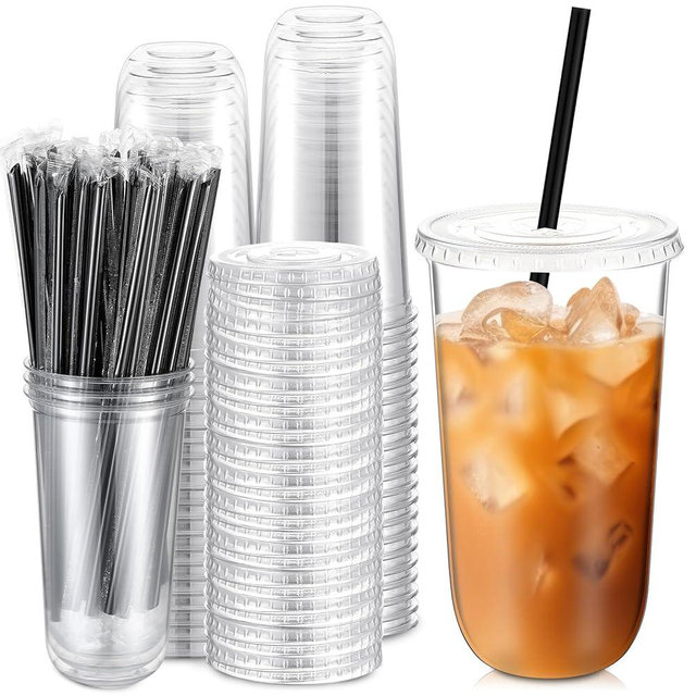 Ziliny 100 Set Clear Plastic Cups with Lids and Straws, Disposable Iced Coffee PET Cups for Drinking Cold Beverage Juice Parfait Smoothie Milkshake Coffee Shops Party Supplies (20 oz)
