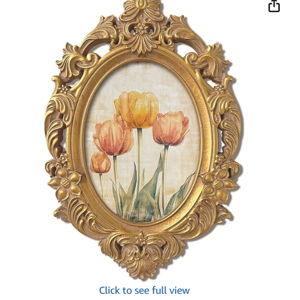 XIAOAIKA Vintage Oval Wall Art, 3D Embossed Baroque Gold Wooden Frame with Watercolor Tulip Print, Floral Nature Wall Decor for Living Room, Bedroom, Cottage Entryway, 17" x 10.6"
