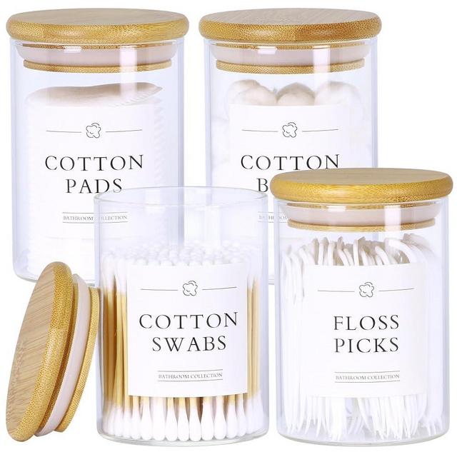 INIUNIK 4 Pack Qtip Holder Dispenser - Glass Apothecary Jars with Lids, Cotton Ball Pad Swab Round Holder, Bamboo Bathroom Accessories, Bathroom Organizers Containers Jars Canisters with Lids