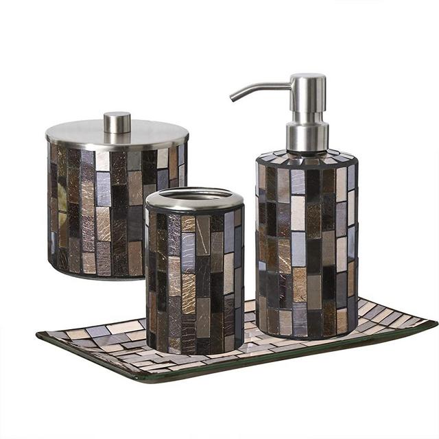 WHOLE HOUSEWARES Bathroom Accessory Sets Black/Gold Mosaic Glass Bathroom Accessories (Black/Gold 1)