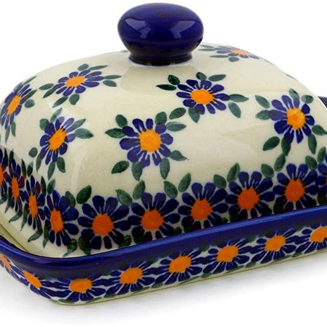 Polish Pottery 7½-inch Butter Dish (Blue Daisy Theme) Signature UNIKAT + Certificate of Authenticity