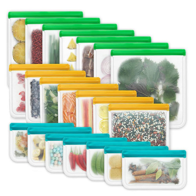 KITHELP 21 Pack Reusable Storage Bags BPA Free, Leak-proof Freezer Bags (7 Reusable Gallon Bags + 7 Reusable Sandwich Bags + 7 Reusable Snack Bags) Lunch Bags Washable Eco-Friendly for food