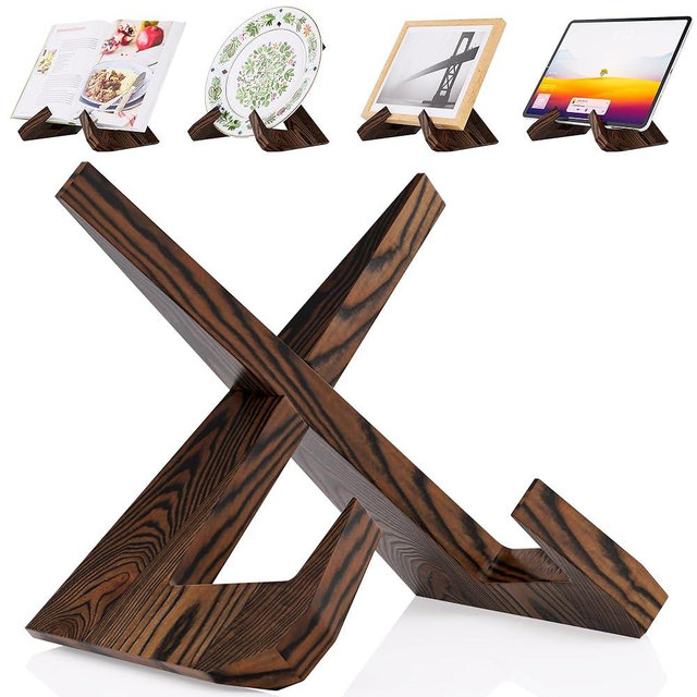 CeleVista Cookbook Stand for Kitchen, Wooden Recipe Book Holder, Plate Stands for Decor Display, Counter, Photo, Gift(Rustic Brown)