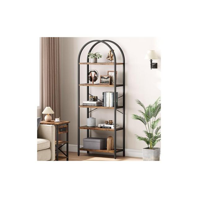 Trinity Arched Bookshelf,5 Tier Metal Frame Bookcase, Modern Bookcases Tall Book Shelf,Open Display Shelves for Office, Study Room, Living Room,Brown