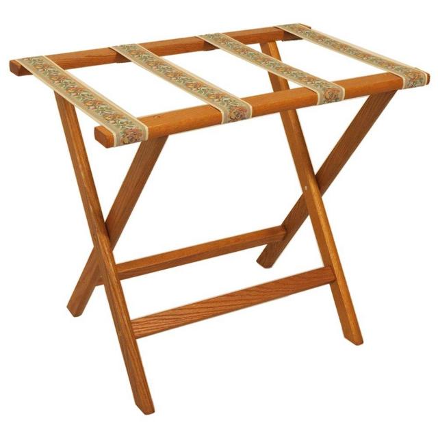 Wooden Mallet Deluxe Straight Leg Luggage Rack,Tapestry Straps, Medium Oak