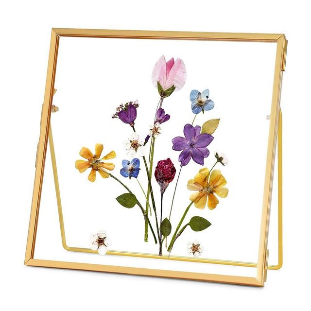 REDHUGO Glass Frame for Pressed Flowers Handmade, Double Glass Frame, Tabletop Frame, Flower Press Photo Frame Simple Metal Geometric Floating Frame Glass Picture Frame, Square, Gold, 4x4 Inches