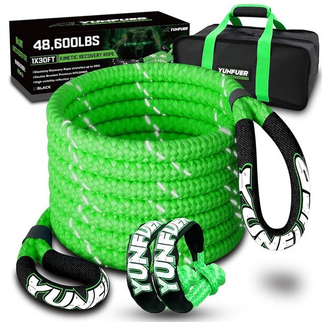 YUNFUER 1" x 30ft Kinetic Recovery Tow Rope 48600LBS with 2 Soft Shackles Kit Heavy Duty Offroad Recovery Rope Kit for Trucks SUV UTV ATV Tractor Car Jeep (Green)