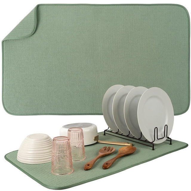 S&T INC. Dish Drying Mat Jumbo, 18” x 30”, Absorbent Microfiber Kitchen Counter Mat, Dish Drying Pad for Dishes, Utensils, Pots and Pans, Jumbo, Sage Green