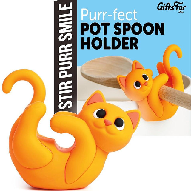 Orange Cat Spoon Rest for Stove Top – Silicone Pot Clip Utensil Holder & Lid Lifter – Funny Kitchen Gadget, Unique Orange Tabby Cat Gifts for Women – 3" x 2.5"