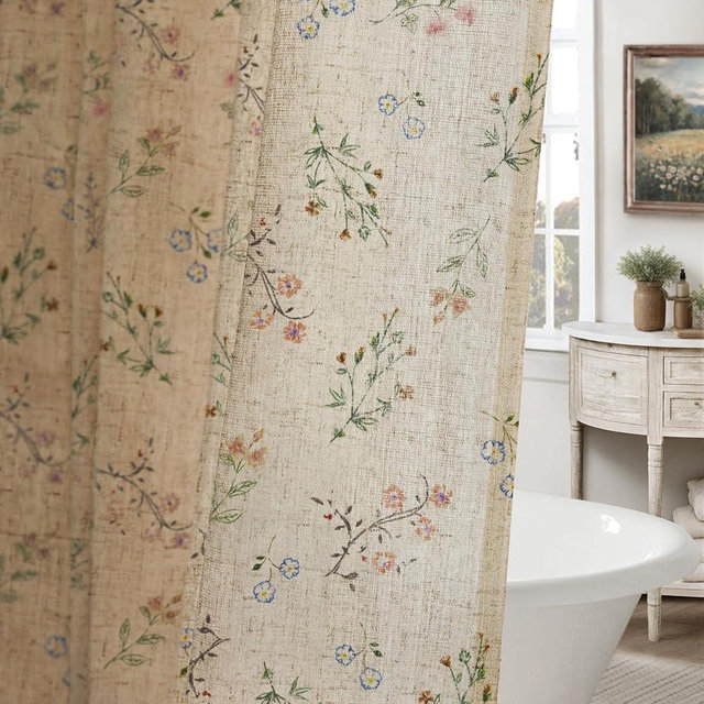 XOGUIBO Floral Vintage Linen Shower Curtain, French Country Shower Curtains for Bathroom, 72Wx90H