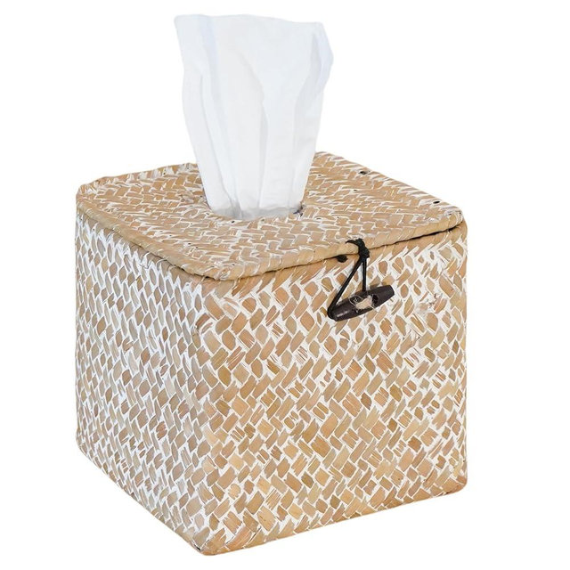 PINXIURY Segrass Woven Tissue Box Cover, Boho Tissue Holder with Lid, Farmhouse Napkin Holder for Toilet Bathroom Living Room Kitchen Bedroom Office Table Desk Car, Whitewash 5.9" L x 5.7" W x 5.7" H