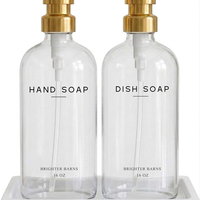 Luxury Glass Hand and Dish Soap Dispenser Set by Brighter Barns - Gold Kitchen Soap Dispenser Set with Stainless Steel Pumps and Ceramic Tray - Modern Kitchen Decor for Home, Airbnb, Gift (Clear/Gold)