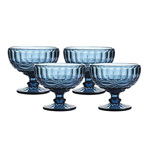 12 Ounce Glass Ice Cream Cups- Vintage Pressed Pattern Glass Dessert Bowls - Trifle/Fruit/Salad cocktail glass, Solid Glass Color, Set of 4 (Blue)