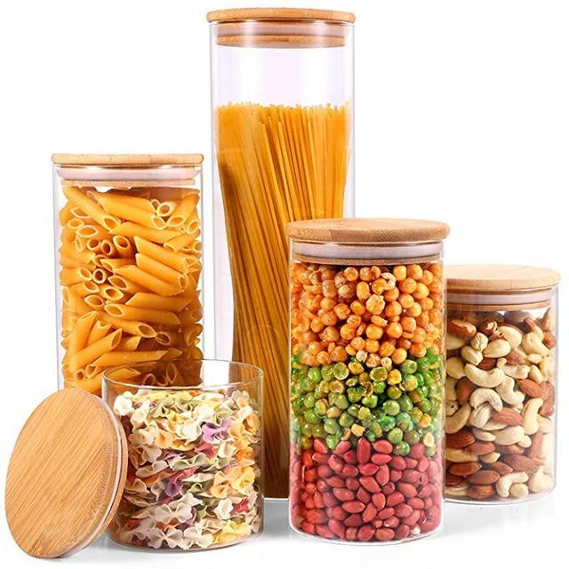 Glass Storage Jars with Bamboo Airtight Lids, Set of 5 Glass Canisters Sets for Kitchen Pantry