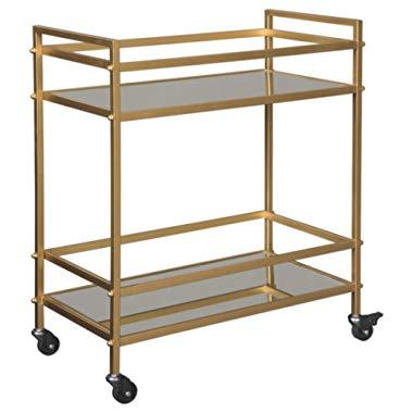 Ashley Furniture Signature Design - Kailman Bar Cart - Mid Century Style - 2 Shelves with Casters - Antique Gold Finish