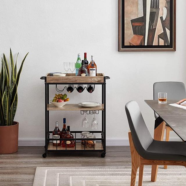 Tayene Bar Serving Cart Home Myra Rustic Mobile Kitchen Serving cart,Industrial Vintage Style Wood Metal Serving Trolley (Oak-A)