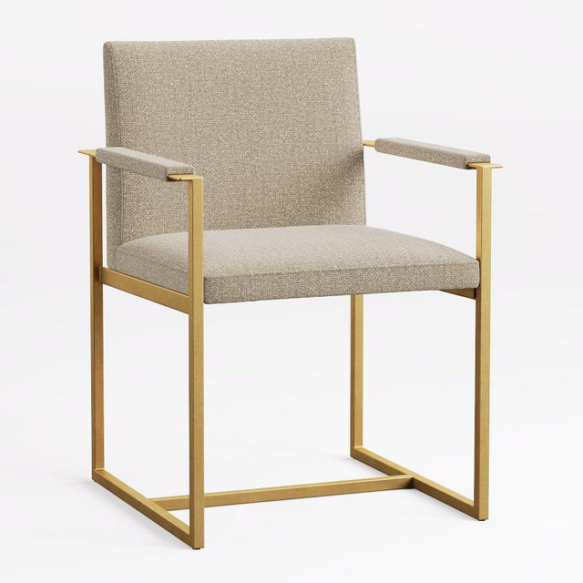 Millie Upholstered Stationary Blackened Brass Armchair, Performance Chateau Basketweave Oatmeal