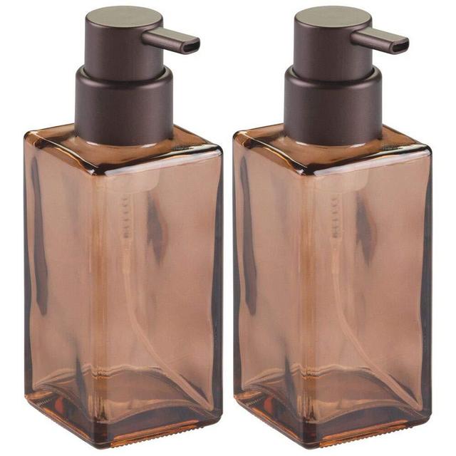 mDesign Modern Square Glass Refillable Foaming Hand Soap Dispenser Pump Bottle for Bathroom Vanities or Kitchen Sink, Countertops - 2 Pack - Sand Brown/Bronze