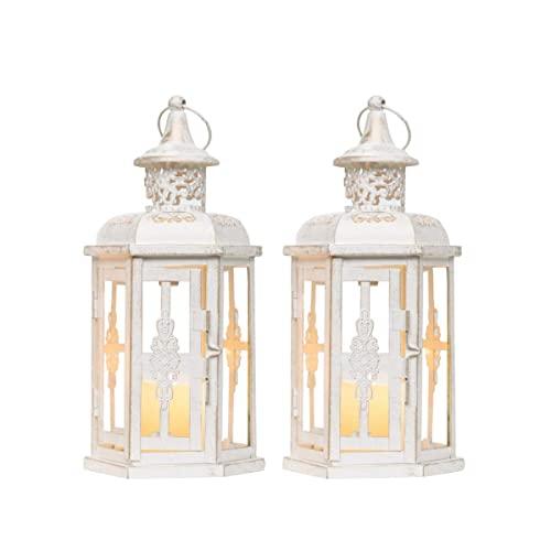 JHY DESIGN Set of 2 Decorative Lanterns -10 inch High Vintage Style Hanging Lantern Metal Candleholder White with Gold Brush