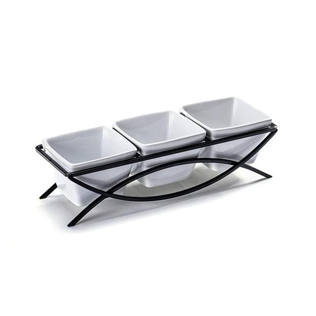 UNICASA Square Ramekin Bowls 10 oz, Condiment Dish Set with Metal Rack Stand - Chips and Dips Snack Tray for Party - White Serving Set for Appetizer, Fruit, Nuts, Ice Cream, Candy