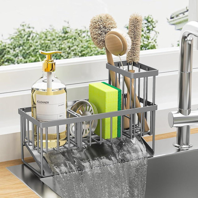 Cisily Sink Caddy Organzier with High Brush Holder, Sponge Holder for Sink, 304 Rustproof Stainless, Kitchen Countertop Soap Dispenser Organizer, Gray Kitchen Decor and Accessories