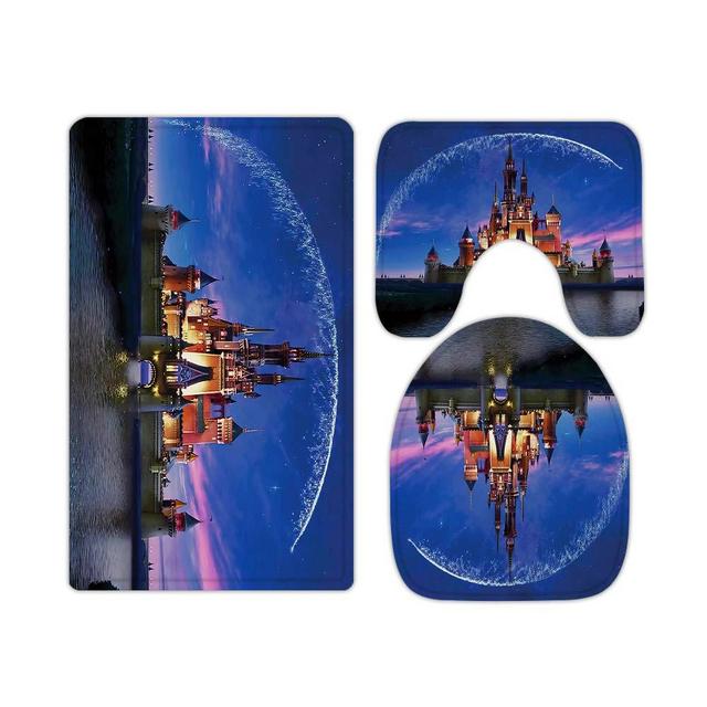 Disney Castle Night View Fireworks Bathroom Rugs and Mats Sets 3 Piece, Memory Foam Bath Mat, U-Shaped Contour Shower Mat Non Slip Absorbent, Velvet Toilet Lid Cover Washable