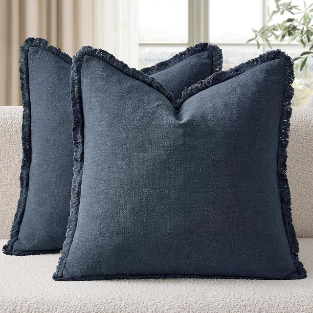 EMEMA Linen Fringe Throw Pillow Covers Set of 2 Boho Farmhouse Accent Decorative Pillowcase with Tassels for Couch Sofa Bed Living Room Home Decor 18x18 Inch,Indigo Blue