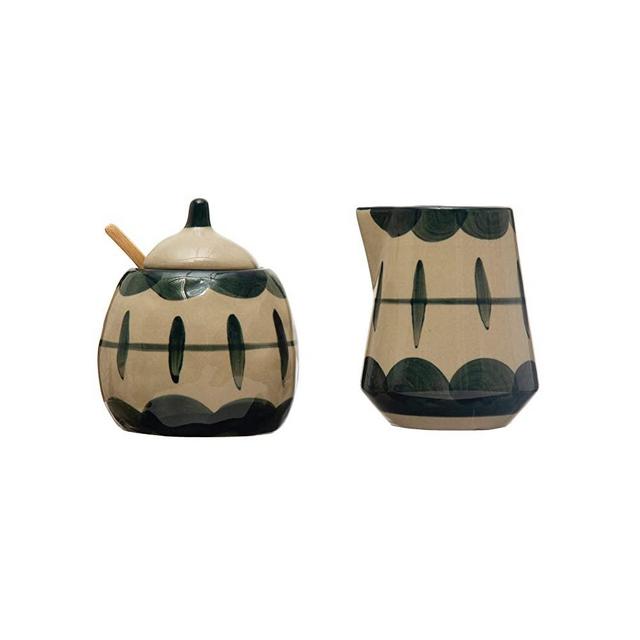 Creative Co-Op Stoneware Pot with Painted Designs and Bamboo Spoon, Midnight Blue and Cream, Set of 3 Pieces Sugar and Creamer