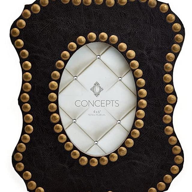 Concepts 4x6 Black Leather Scalloped Shaped Picture Frame With Gold Metal Buttons 4"x6"