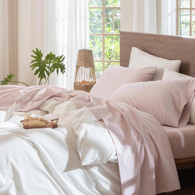 MooMee Bedding Sheet Set 100% Washed Cotton Linen Like Textured Breathable Durable Soft Comfy (Heathered Greyish Pink, King)