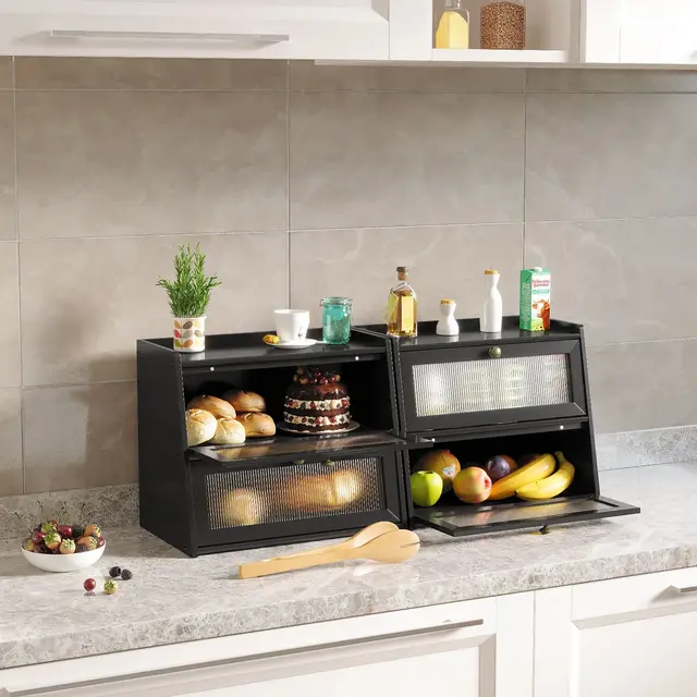 Double Bread Box, Bamboo Kitchen Countertop Organizer, Large Capacity Bread Rack, with Window