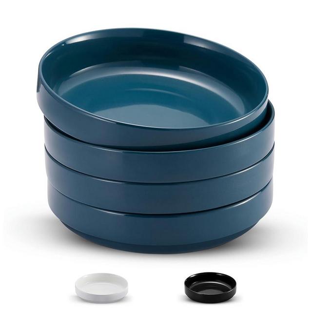 KooK Ceramic Large Pasta Bowls, Microwave and Dishwasher Safe, Great for Soups and Salads, Shallow Serving Bowls, Glossy Porcelain, 47 oz, Set of 4,Teal