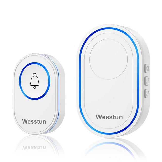 Wesstun Wireless Doorbell, IP67 Waterproof Plug in Doorbell Wireless with 39 Chimes, 5 Levels Volume Adjust & LED Indicator, Easy Install at Home, Classroom & Warehouse, White