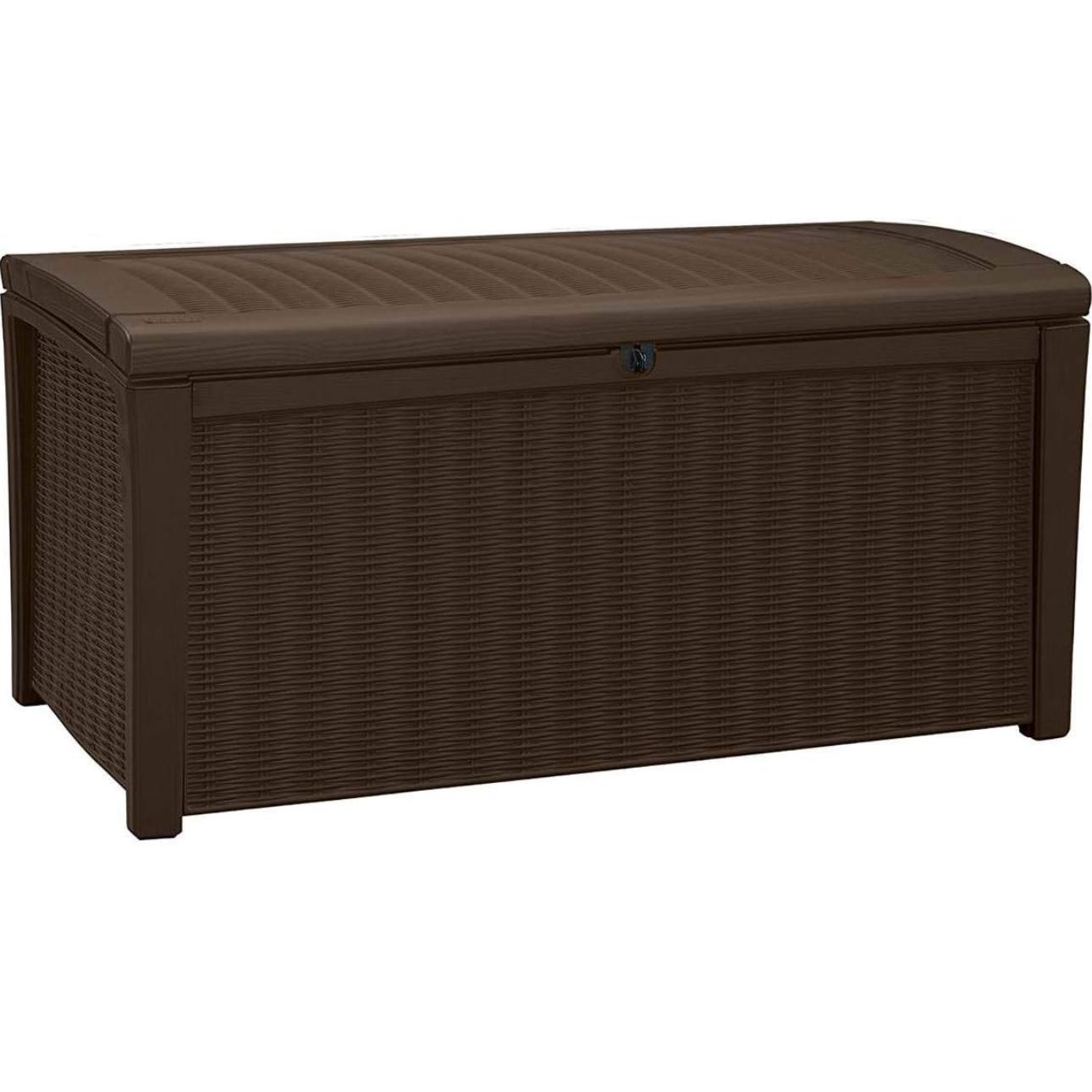 Keter Borneo 110 Gallon Capacity Rattan/Wicker Style Resin Backyard Patio Storage Organizer Deck Box Bench Bin w/ Opening Mechanism, Brown