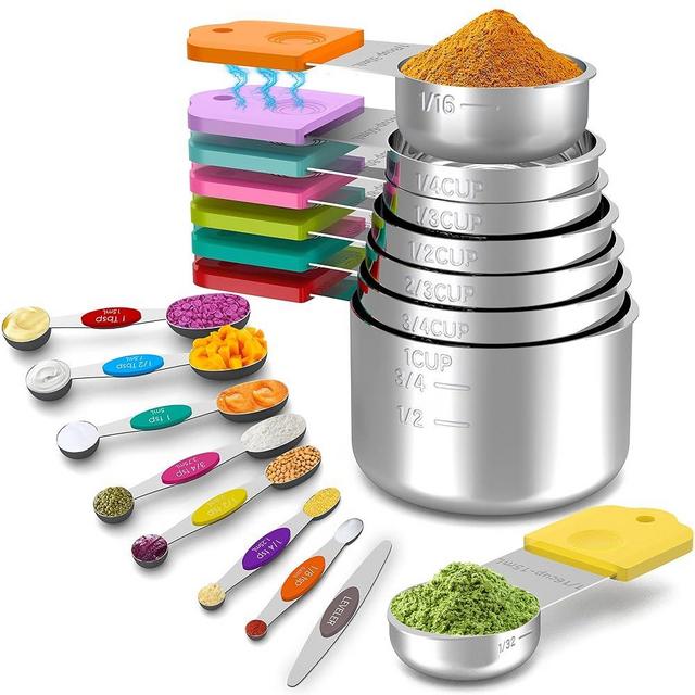 Minteem Magnetic Measuring Cups and Spoons Set, 8 Nesting Stainless Steel Measuring Cup Set with Easy to Read Markings, 8 Magnetic Measuring Spoons & 1 Leveler, Multicolor