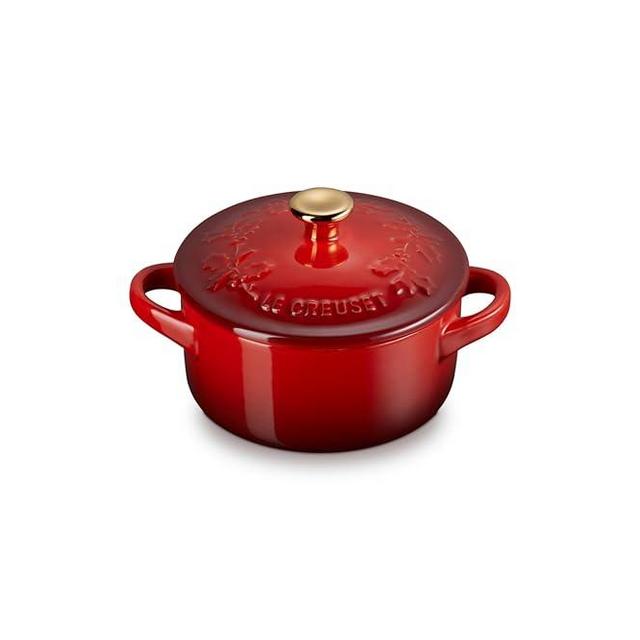 Le Creuset Stoneware Holly Collection Mini Round Cocotte, 8 Oz, Cerise with Gold Knob